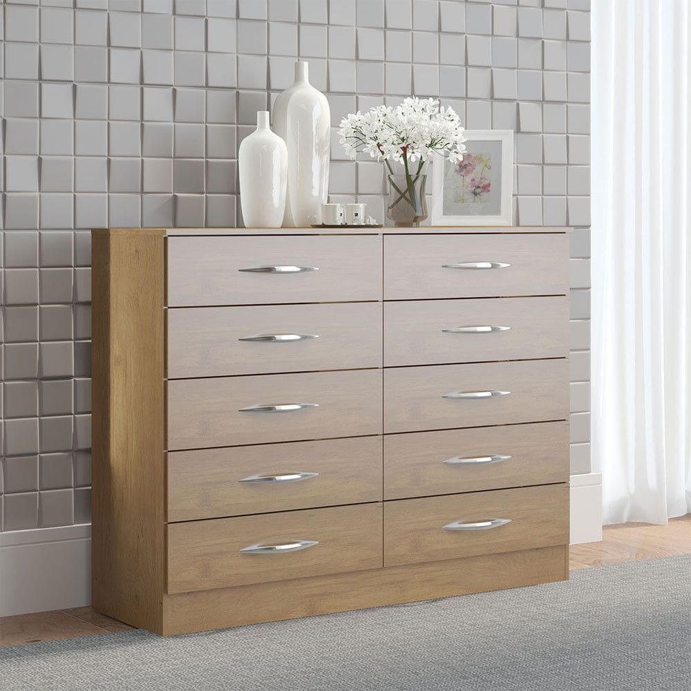 Cômoda Grande para Quarto Casal com 10 Gavetas 117x92cm MDP Carvalho 3017 Menu Móveis