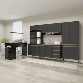Cozinha Modulada Completa com Torre Quente Forno Paneleiro Sabrina 280x202cm 5 Peças MDP Preto Menu Móveis
