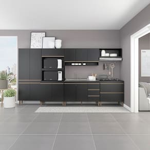 Cozinha Modulada 360cm Balcão Pia Sabrina 6 Peças Preto Reins Menu Móveis