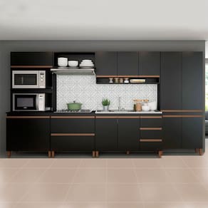 Cozinha Modulada Completa com Armário Balcão Nicho Sabrina 360x202cm 6 Peças MDP Preto Menu Móveis