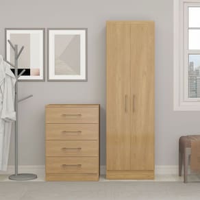 Kit Quarto Solteiro Armário com Cômoda 4 Gavetas MDP Carvalho 3000 Menu Móveis