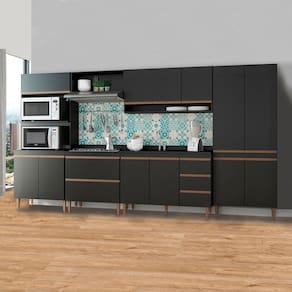 Cozinha Modulada Completa com Torre Quente Forno Sabrina 360x202cm 6 Peças MDP Preto Menu Móveis