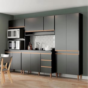 Armário de Cozinha Modulada com Paneleiro Torre Quente Sabrina 280x200cm 4 Peças MDP Preto Menu Móveis
