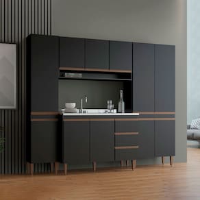 Cozinha Modulada Compacta com Armário Paneleiro Sabrina 240x202cm 4 Peças MDP Preto Menu Móveis