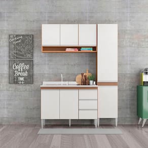 Cozinha Modulada Compacta com Balcão Pia Sabrina 160x202cm 3 Peças MDP Branco Menu Móveis