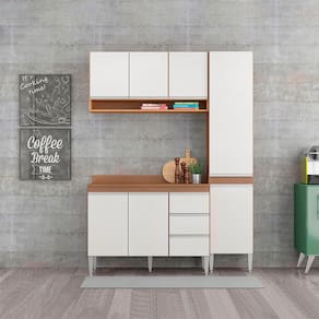 Cozinha Compacta Modulada com Balcão Paneleiro Sabrina 160x202cm 4 Peças MDP Branco Menu Móveis