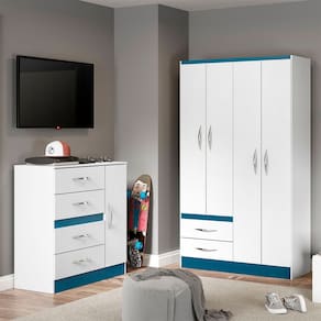 Kit Completo para Quarto Infantil Guarda-Roupa Cômoda MDP Branco Azul 2074 Menu Móveis