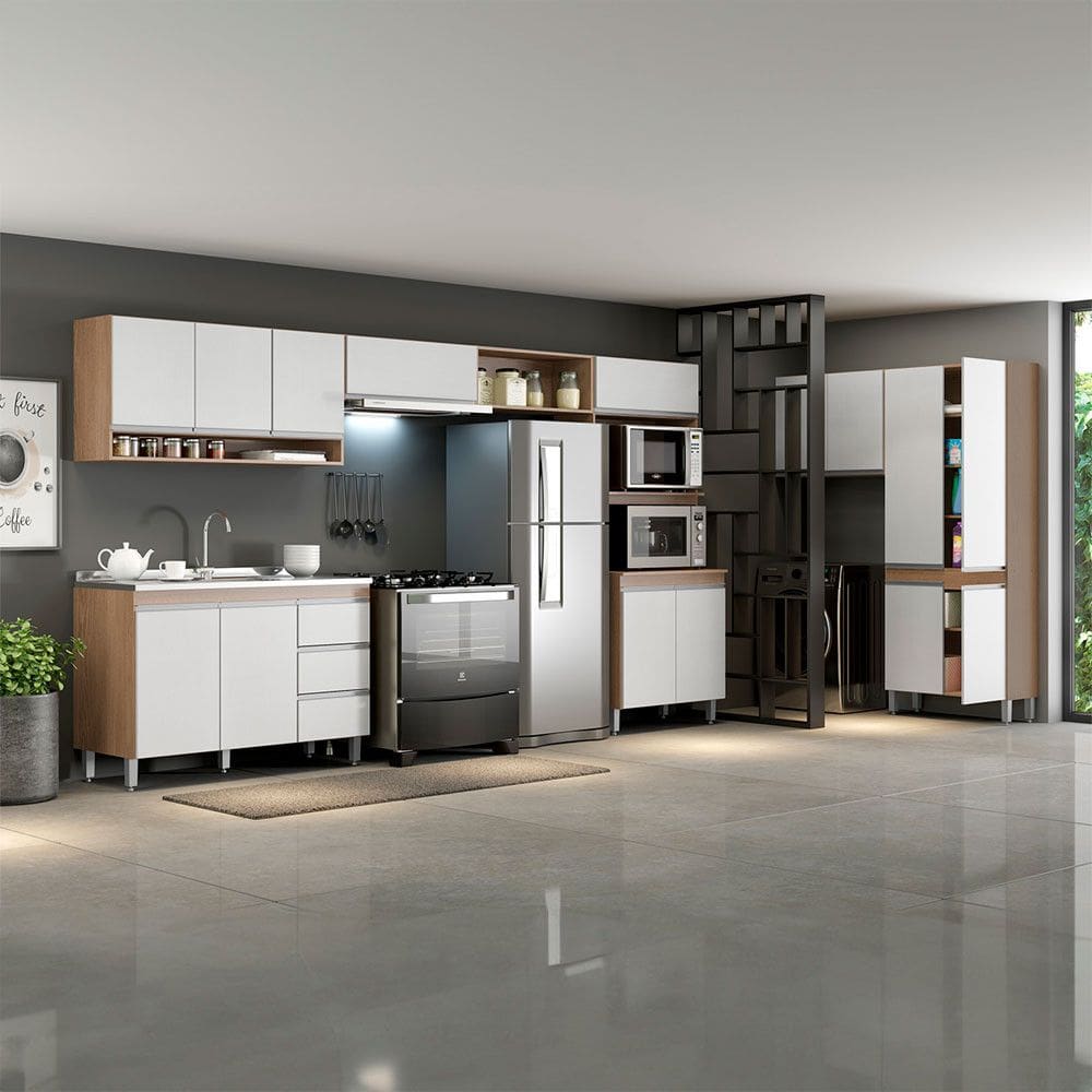 Armário de Cozinha Completa Modulada Sabrina 360x202cm 7 Peças MDP Branco Menu Móveis