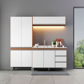 Cozinha Compacta Modulada com Armário Paneleiro Sabrina 200x202cm 3 Peças MDP Branco Menu Móveis