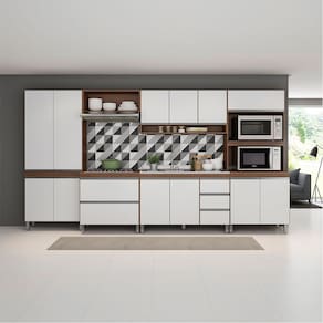 Cozinha Completa Modulada com Balcão Pia Armário Paneleiro Sabrina 360x202cm 6 Peças MDP Branco Menu Móveis