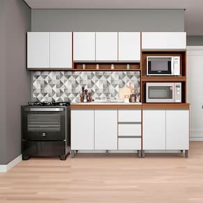 Cozinha Compacta Modulada com Armário Torre Quente Sabrina 280x202cm 4 Peças MDP Branco Menu Móveis