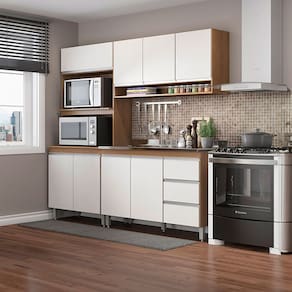 Cozinha Modulada Pequena com Balcão Pia Sabrina 200x202cm 3 Peças MDP Branco Menu Móveis