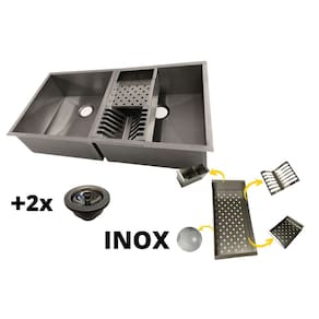 Cuba Dupla Inox Quadrada Gourmet Calha C Válvula 40x40 Pia Úmida com Canal Equipado
