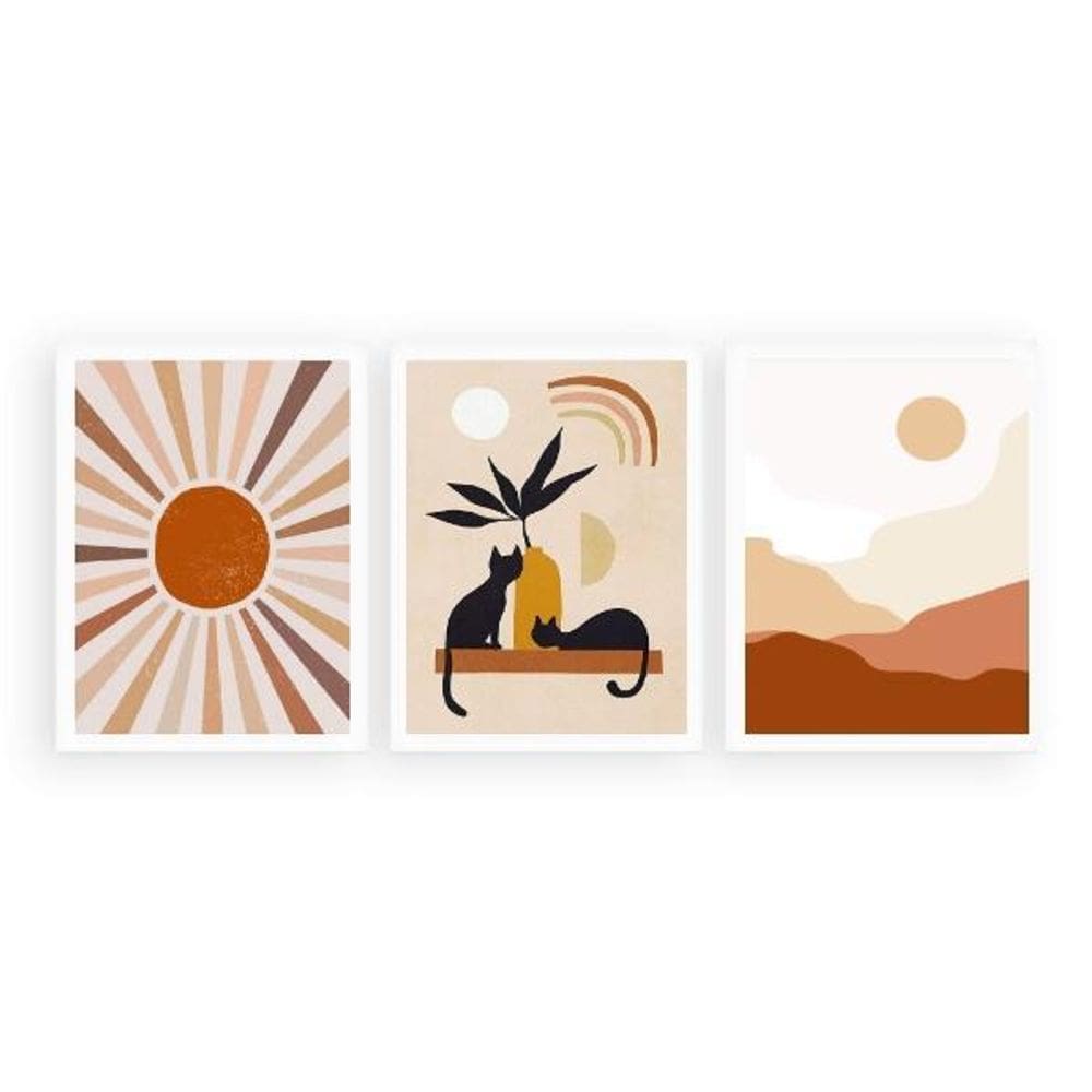 Kit 3 Quadros Boho Gatos Sol E Lua 24X18Cm - Com Vidro