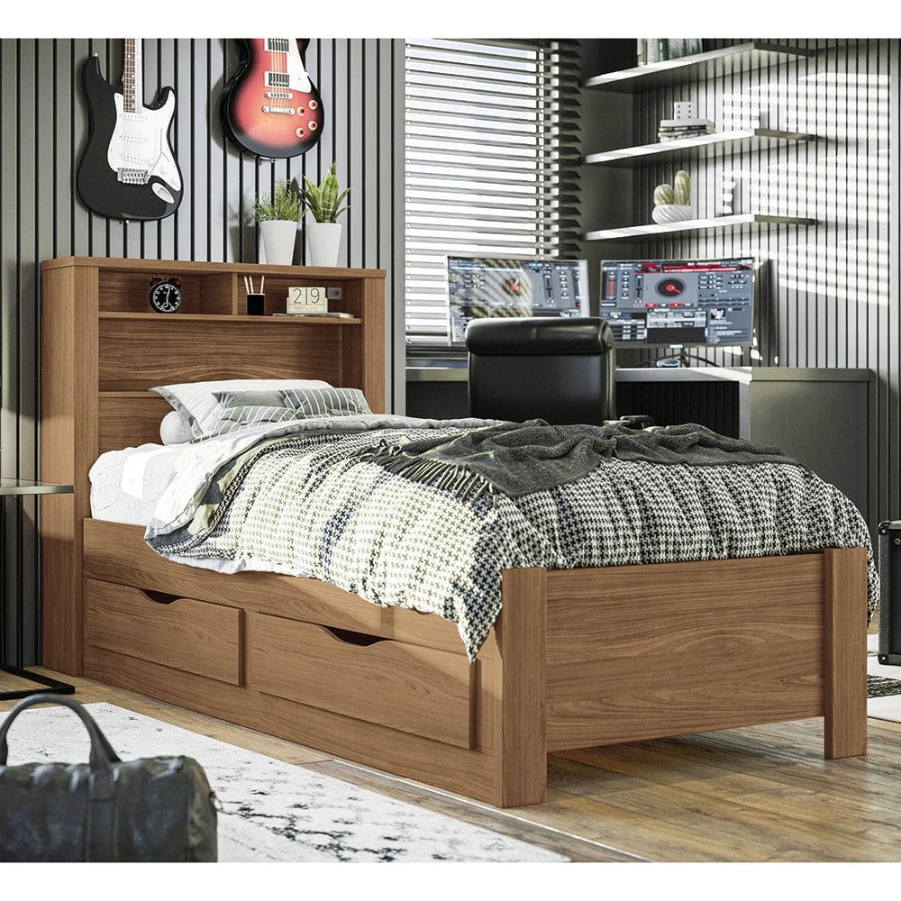 Cama de Solteiro com 2 Gavetas e Baú