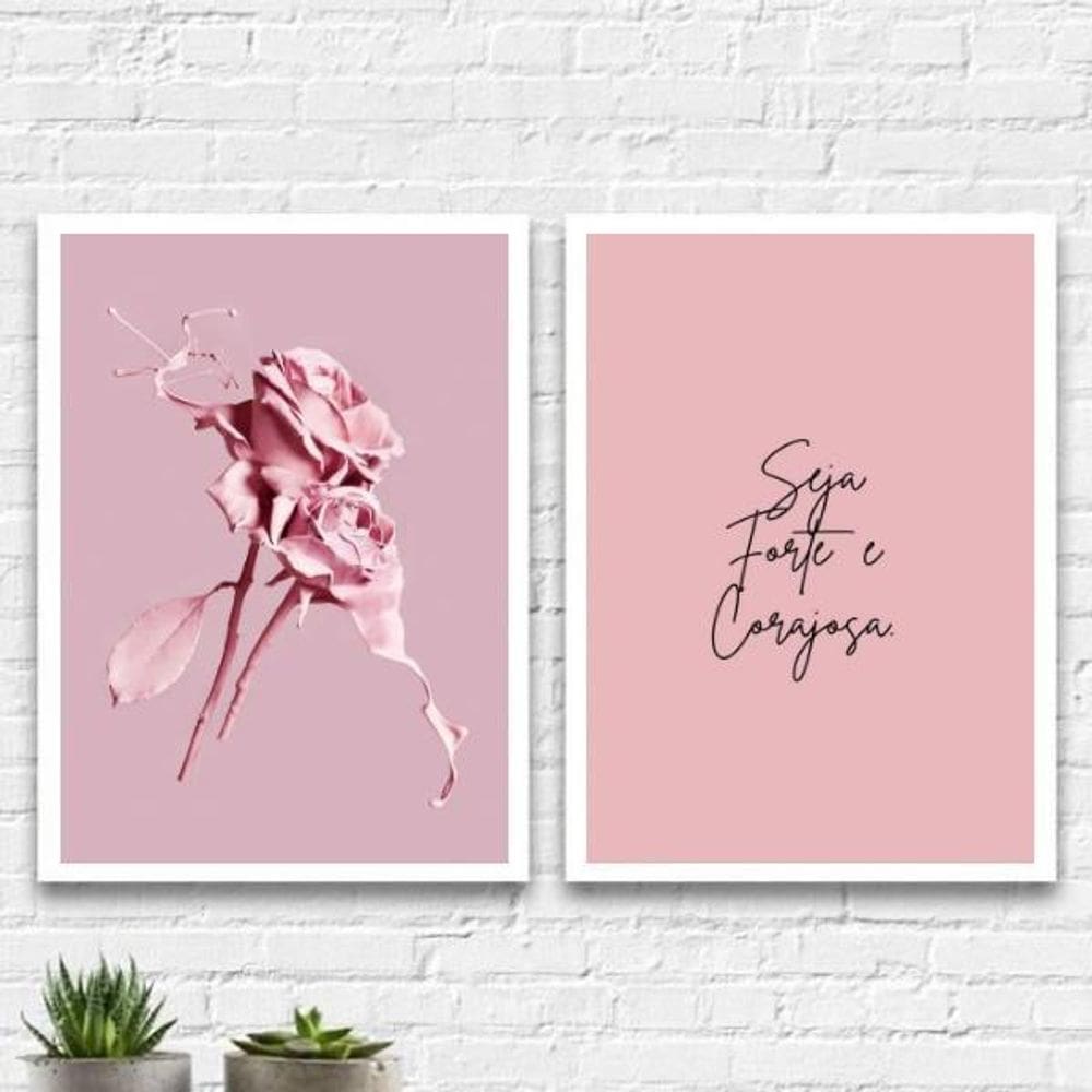 Kit 2 Quadros Seja Forte E Corajosa Rosa 45X34Cm - Com Vidro
