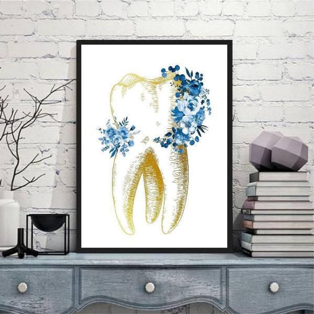 Quadro Decorativo Dente Com Flores 33X24Cm Moldura Preta