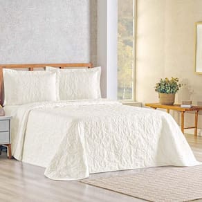Kit Cobre Leito Colcha Celeste Queen 3 Peças Matelado Floral 180 Fios - Marfim