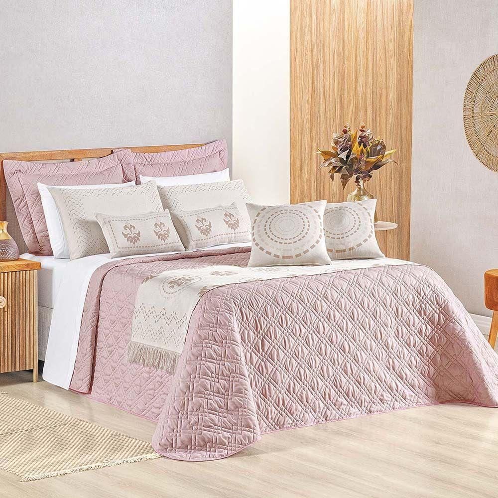 Kit Cobre Leito Colcha Tierry Queen 5 Peças Hipercal 180 Fios - Rose