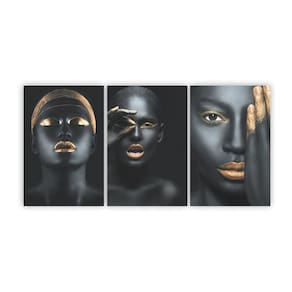 Quadros Decorativos Mulhere Negras Maquiagem Dourada 180X60