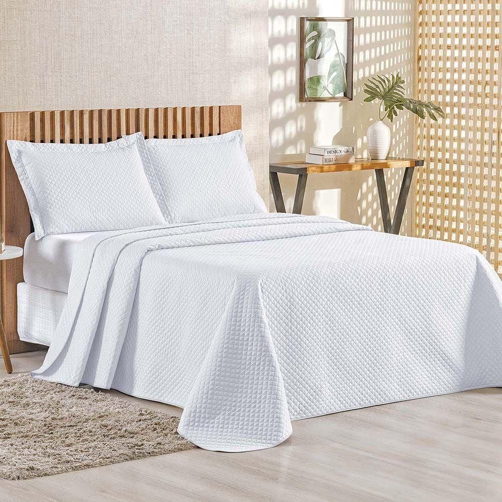Kit Cobre Leito Colcha Ideale Queen 3 Peças Matelado Geométrico - Branco - 100% Poliéster
