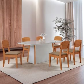 Mesa Diane 180cm Tampo Mdf Vidro Canto Copo Com 6 Cadeiras Vel Capuccino /off /naturale /serig Off