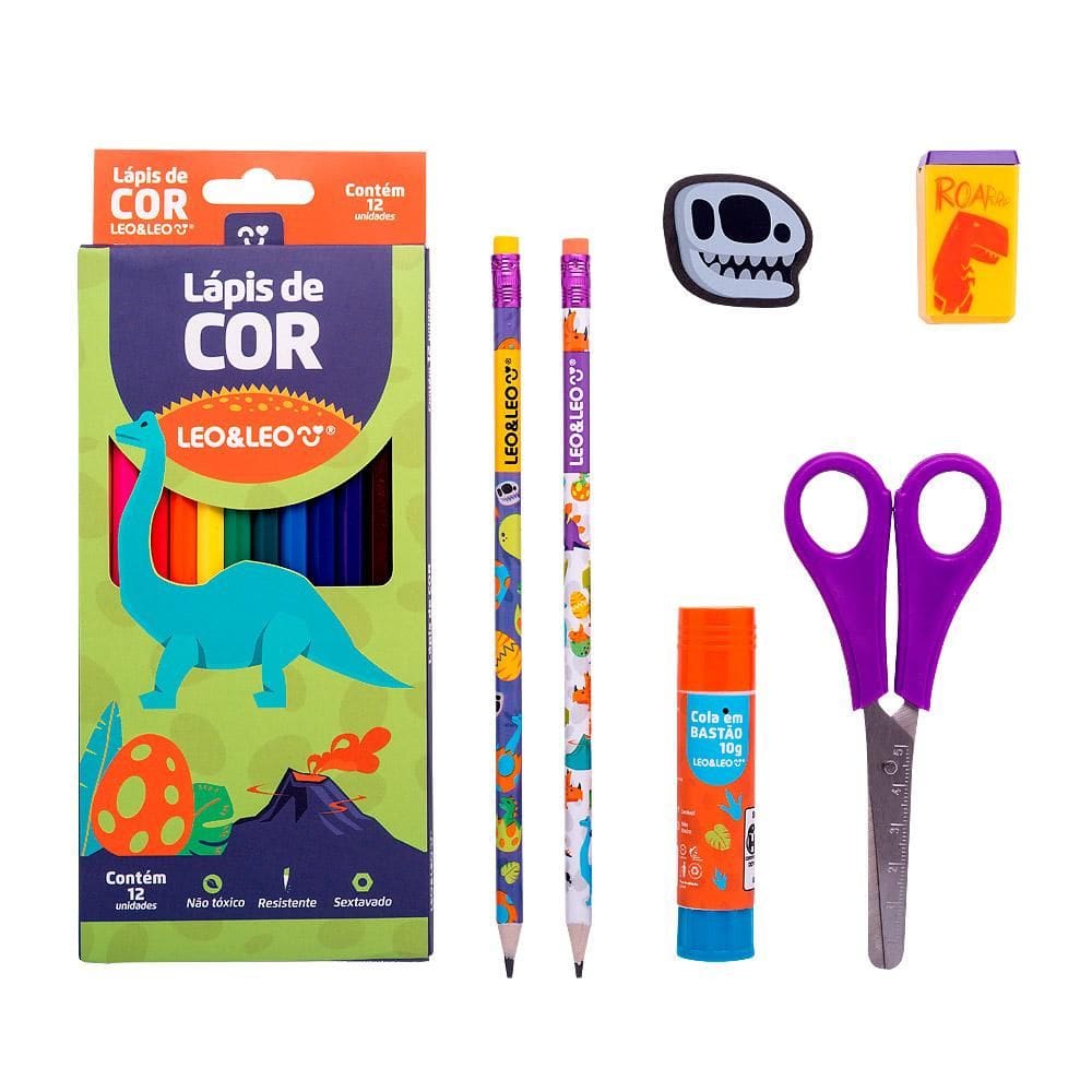 Kit Escolar Dino 19 Peças Leonora