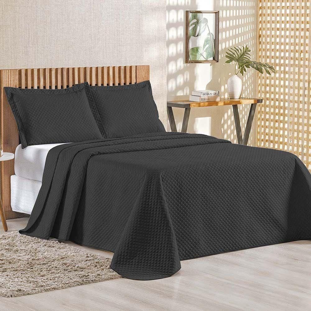 Kit Cobre Leito Colcha Ideale Queen 3 Peças Matelado Geométrico - Preto - 100% Poliéster