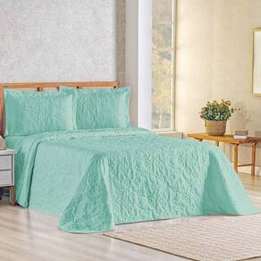Kit Cobre Leito Colcha Celeste Queen 3 Peças Matelado Floral 180 Fios - Verde Tiffany