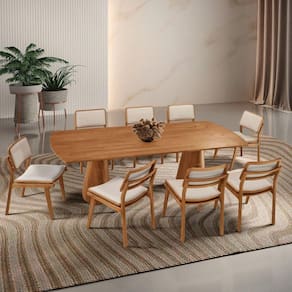 Mesa De Jantar Noronha 220cm Madeira Tampo Barril 8 Cadeiras Eva Linho Off / Imbuia Nat