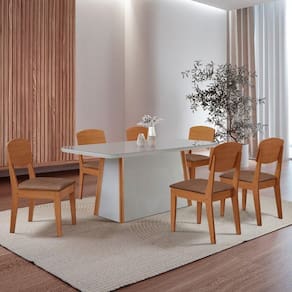Mesa Diane 180cm Tampo Mdf Vidro Canto Copo Com 6 Cadeiras Tork /off /naturale /serig Off