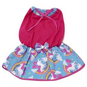 Vestido Cachorro malha lacinho rosa saia unicórnio azul GG
