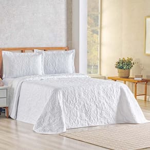 Kit Cobre Leito Colcha Celeste Queen 3 Peças Matelado Floral 180 Fios - Branco