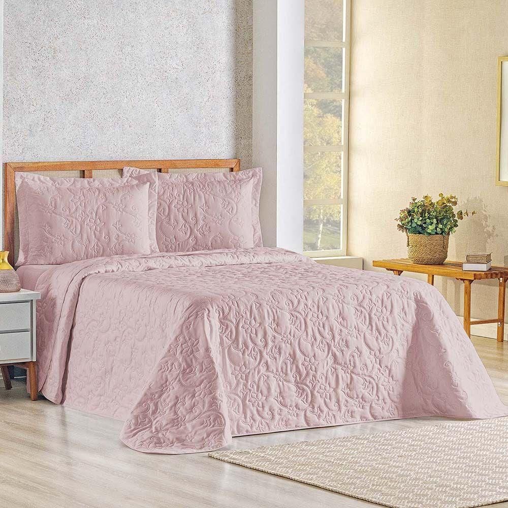 Kit Cobre Leito Colcha Celeste Queen 3 Peças Matelado Floral 180 Fios - Rose