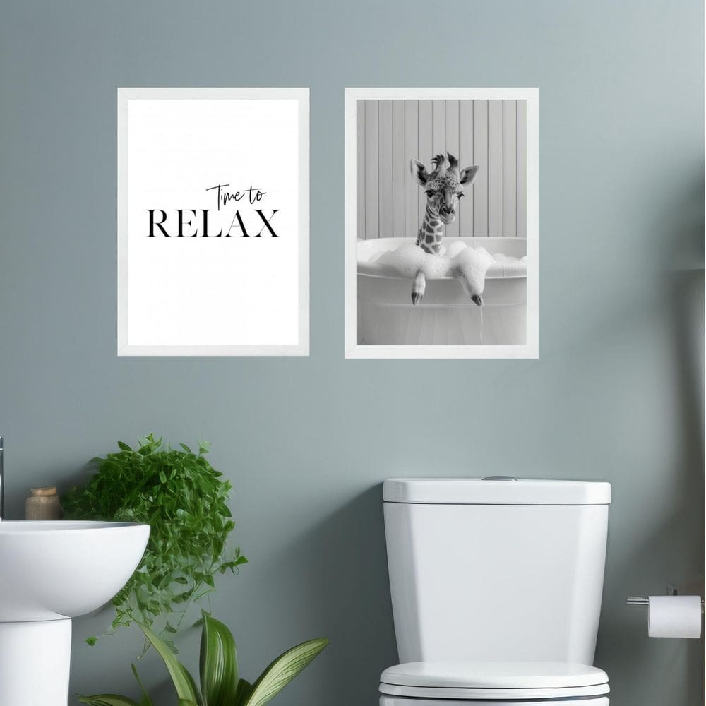 Kit 2 Quadros Banheiro Girafinha Time To Relax 24X18Cm Vidro