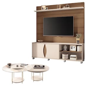 Estante Home Theater Luxor Castanho Off White e Kit Mesa de Centro sky Off White- HB Móveis