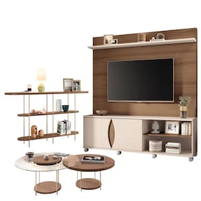 Estante Home Theater Luxor Castanho Off White e Aparador Infinity e Kit Mesa de Centro sky Castanho- HB Móveis