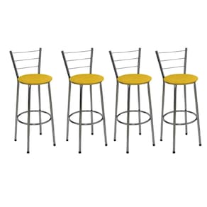 Kit 4 Banquetas Altas Cromada com Encosto Assento Amarelo