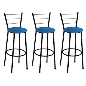 Kit 3 Banquetas Alta Preta com Encosto Assento Azul Jaddi