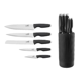 Conjunto De Facas do Chef Cozinha Inox Cabo Anatômico 6 Peças Preto com Cepo