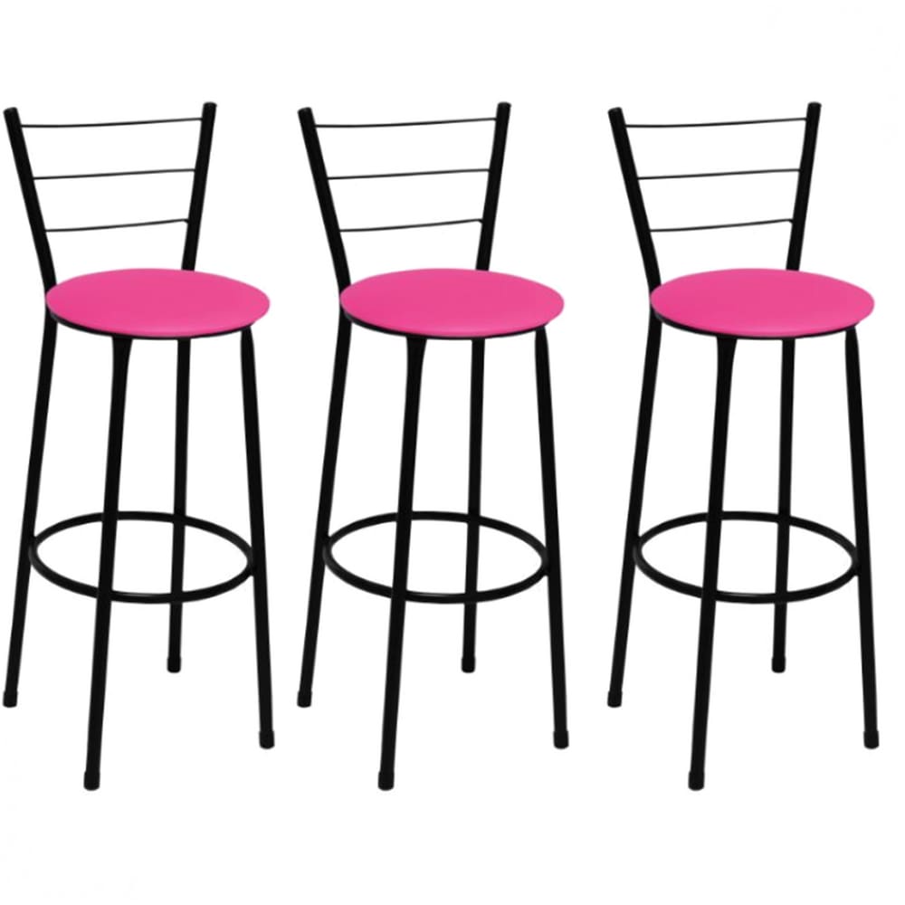 Kit 3 Banquetas Alta Preta com Encosto Assento Rosa Jaddi