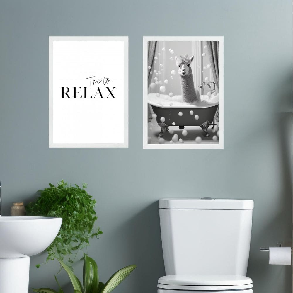 Kit 2 Quadros Banheiro Lhama - Time To Relax 33X24Cm