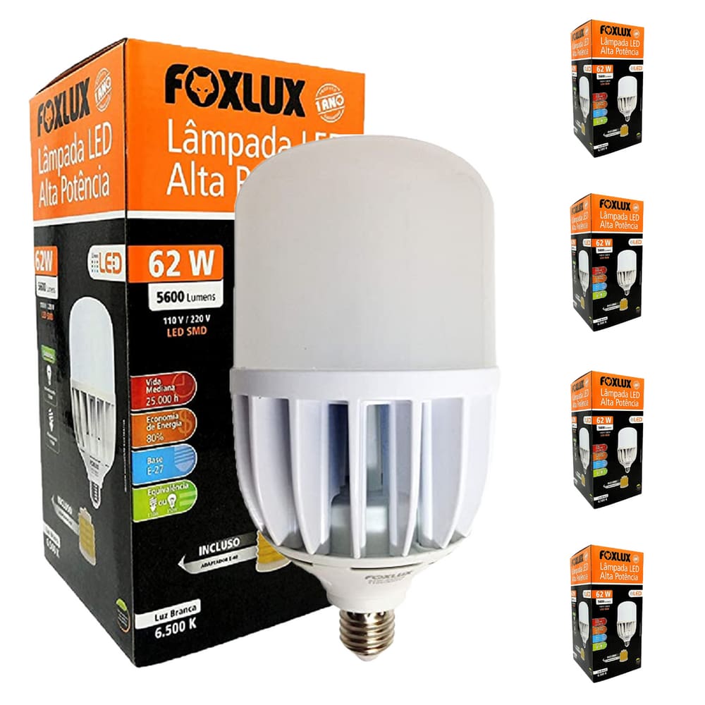 Kit 5 Lampada LED 62W Bulbo Alta Potencia Bivolt 6500K Foxlux