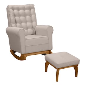 Poltrona de Amamentação e Descanso Paris com Base Balanço e Puff Linho Bege - Desk Design