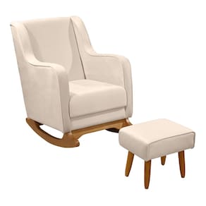Poltrona de Amamentação e Descanso Áquilla com Base Balanço e Puff Veludo Bege - Desk Design
