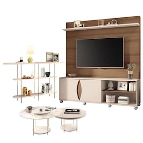 Estante Home Theater Luxor Castanho Off White e Aparador Infinity e Kit Mesa de Centro sky Off White- HB Móveis