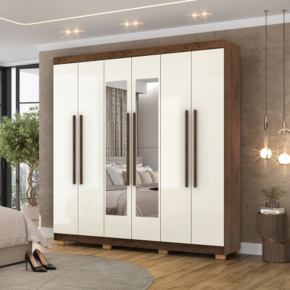 Guarda Roupa Com Espelho Elegance 6 Portas Imbuia/Champanhe - Vila Rica Móveis