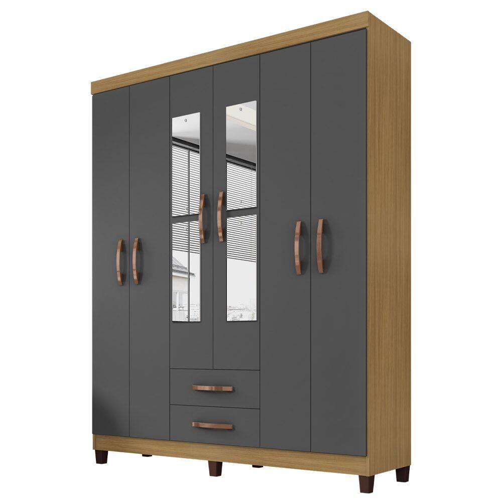 Guarda Roupa Casal Espelho 6P 2G Moden 150 cm Carvalho Am Grafite INCP