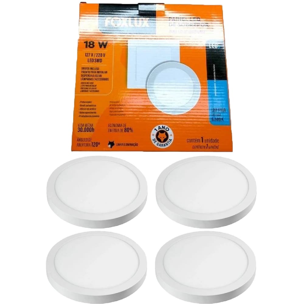 Kit 5 Painel Led Redondo Sobrepor 18W 3000K Bivolt Foxlux