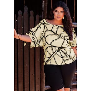 Blusa Plus Size Estampada Manga Vazada e Amarração